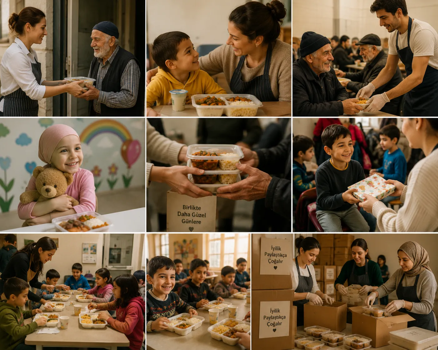 Dayanışma sofraları kapsamında ihtiyaç sahiplerine ulaştırılan yemek ve desteklerden oluşan kolaj