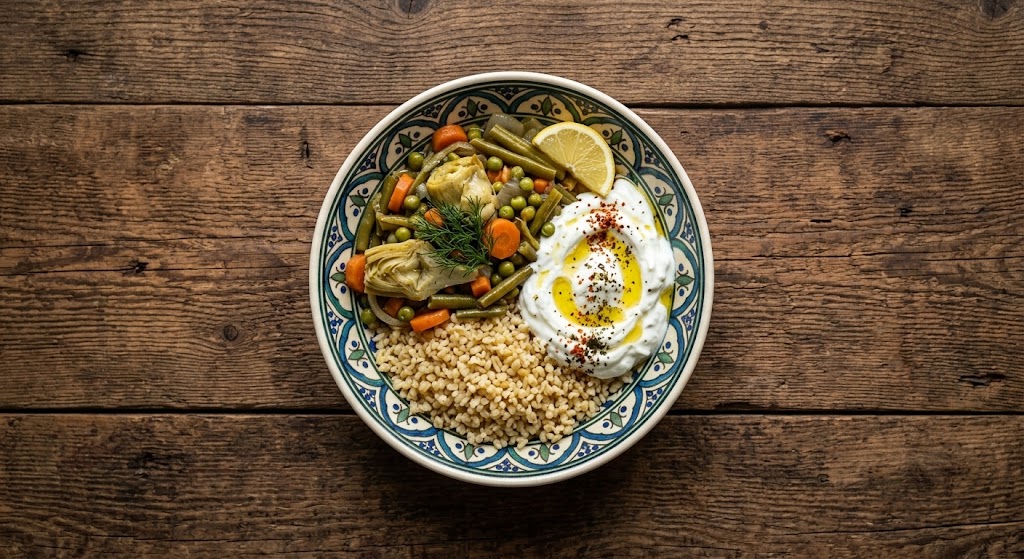 Zeytinyağlı sebze, yoğurt ve bulgur