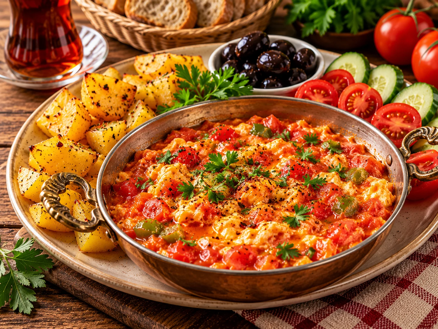 Menemen, peynir ve haşlanmış patates