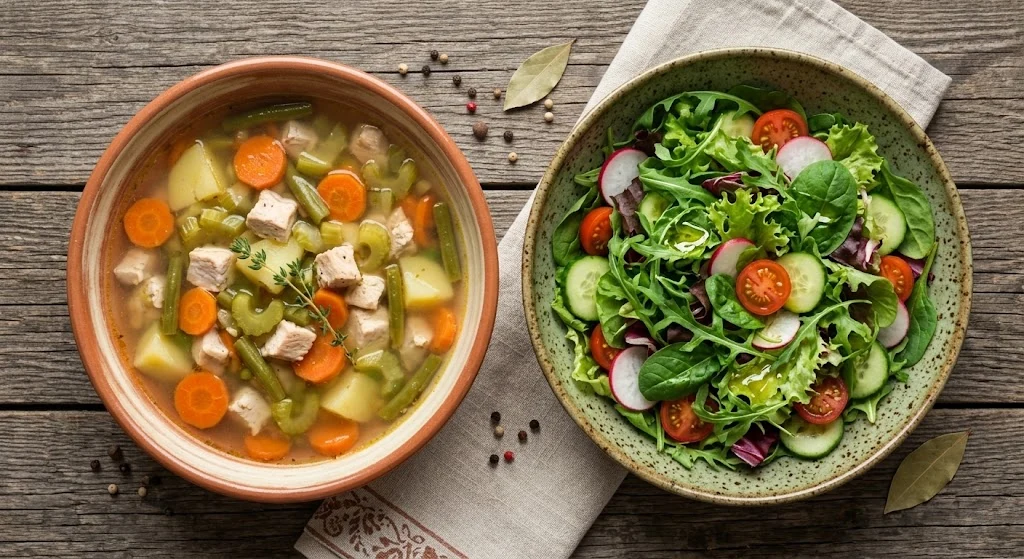 Tavuklu sebze çorbası ve salata