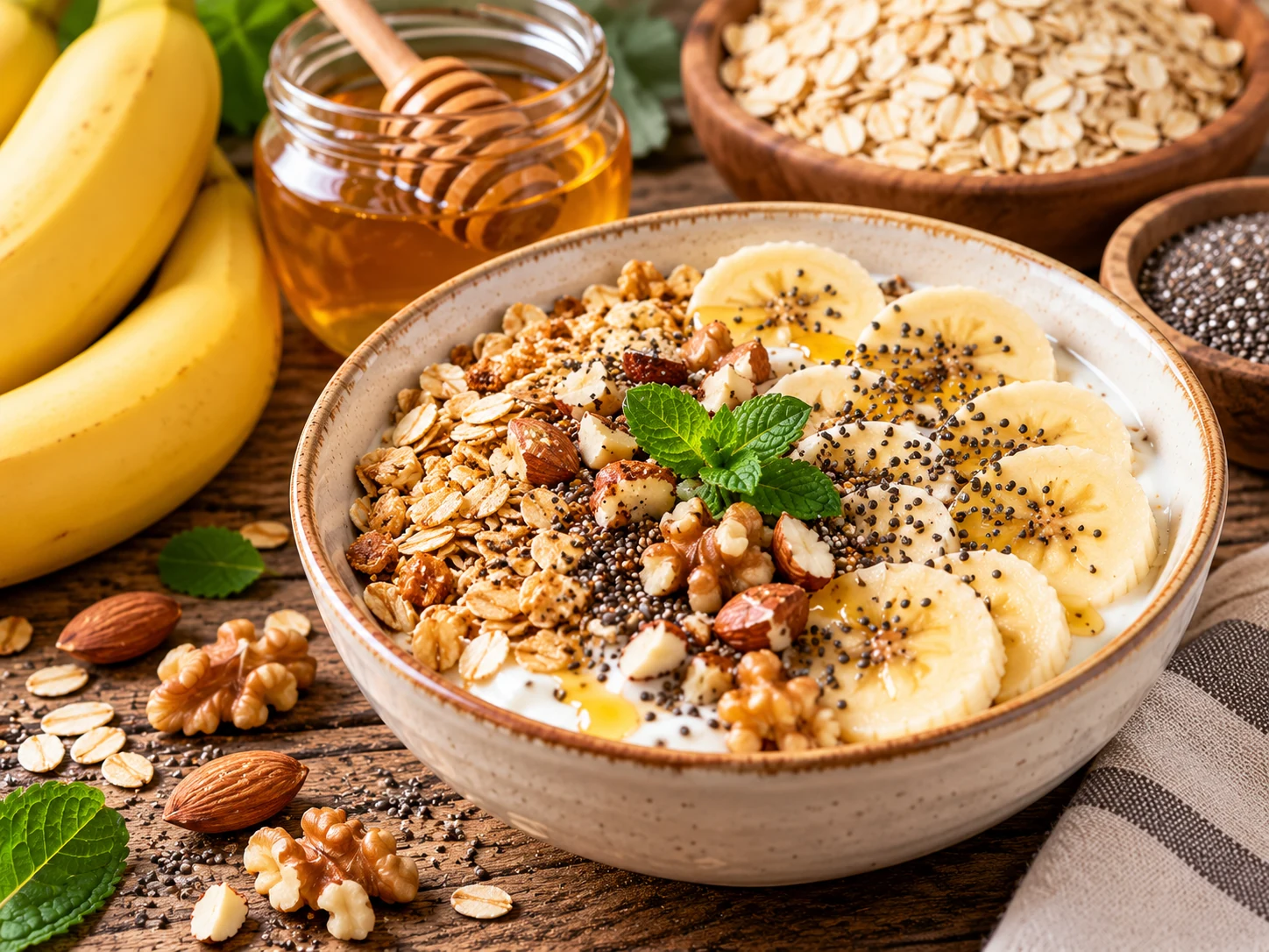 Yulaflı yoğurt, muz ve chia kasesi